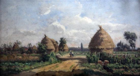 Adrien Jacques Sauzay (French, 1841-1928) Landscape with figures beside haystacks, 6 x 11in.